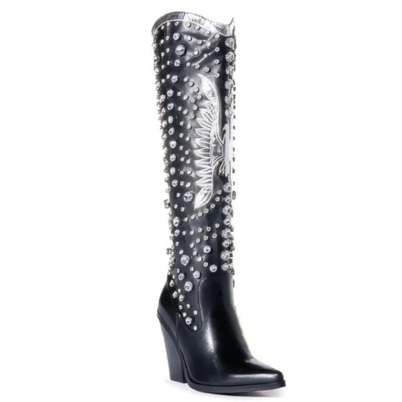 AZALEA WANG Upbeat Black Jeweled Rhinestone Tall Western Cowboy Boots 7-11 NWT - Picture 6 of 14